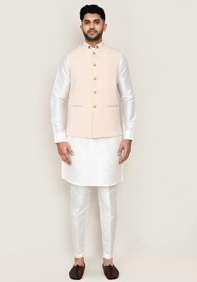 White Printed Art Silk Nehru Jacket Set For Men