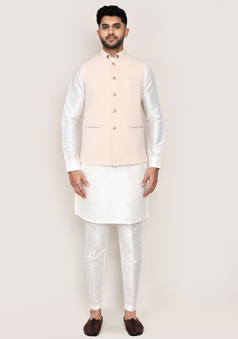 White Printed Art Silk Nehru Jacket Set For Men - Indya