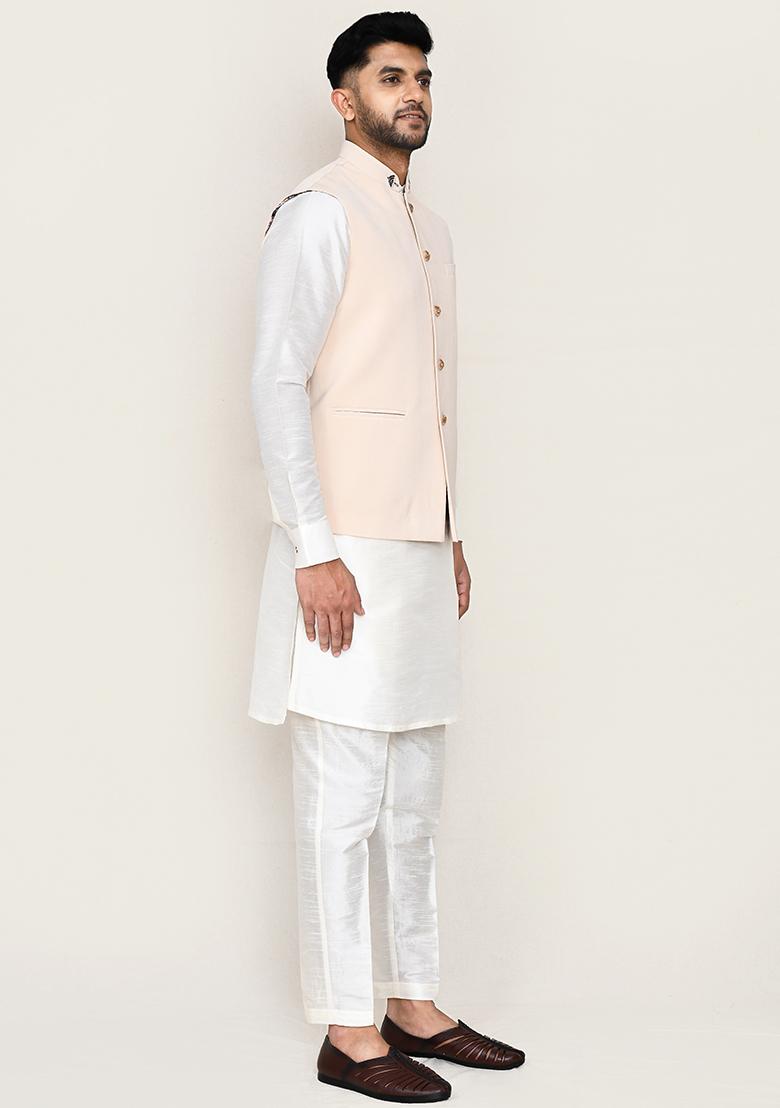 White Printed Art Silk Nehru Jacket Set For Men