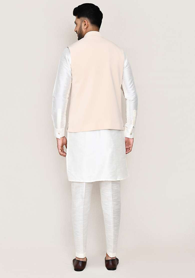 White Printed Art Silk Nehru Jacket Set For Men - Indya