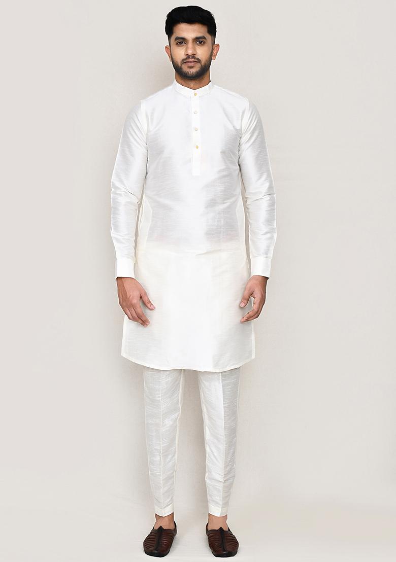 White Printed Art Silk Nehru Jacket Set For Men