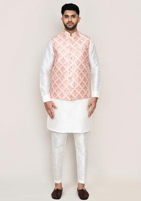White Seqqunce Work Art Silk Nehru Jacket Set For Men