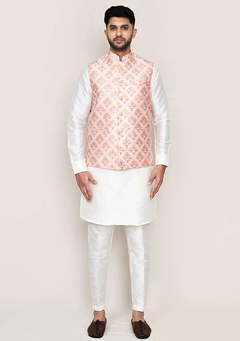 White Seqqunce Work Art Silk Nehru Jacket Set For Men - Indya