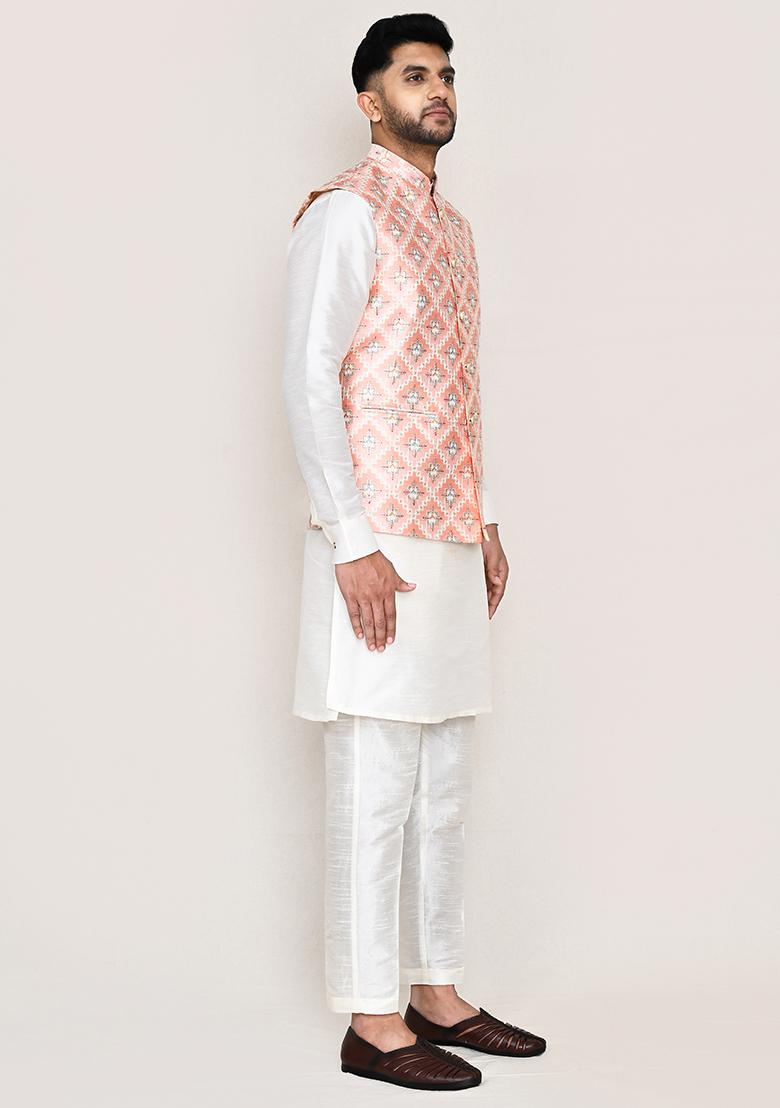 White Seqqunce Work Art Silk Nehru Jacket Set For Men