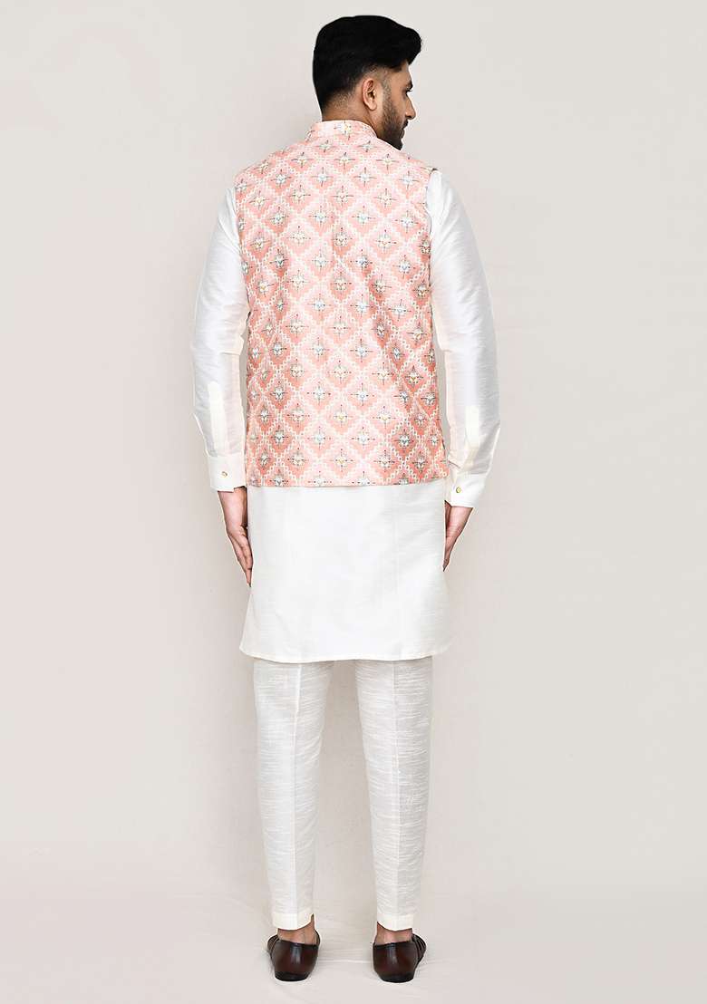 White Seqqunce Work Art Silk Nehru Jacket Set For Men - Indya