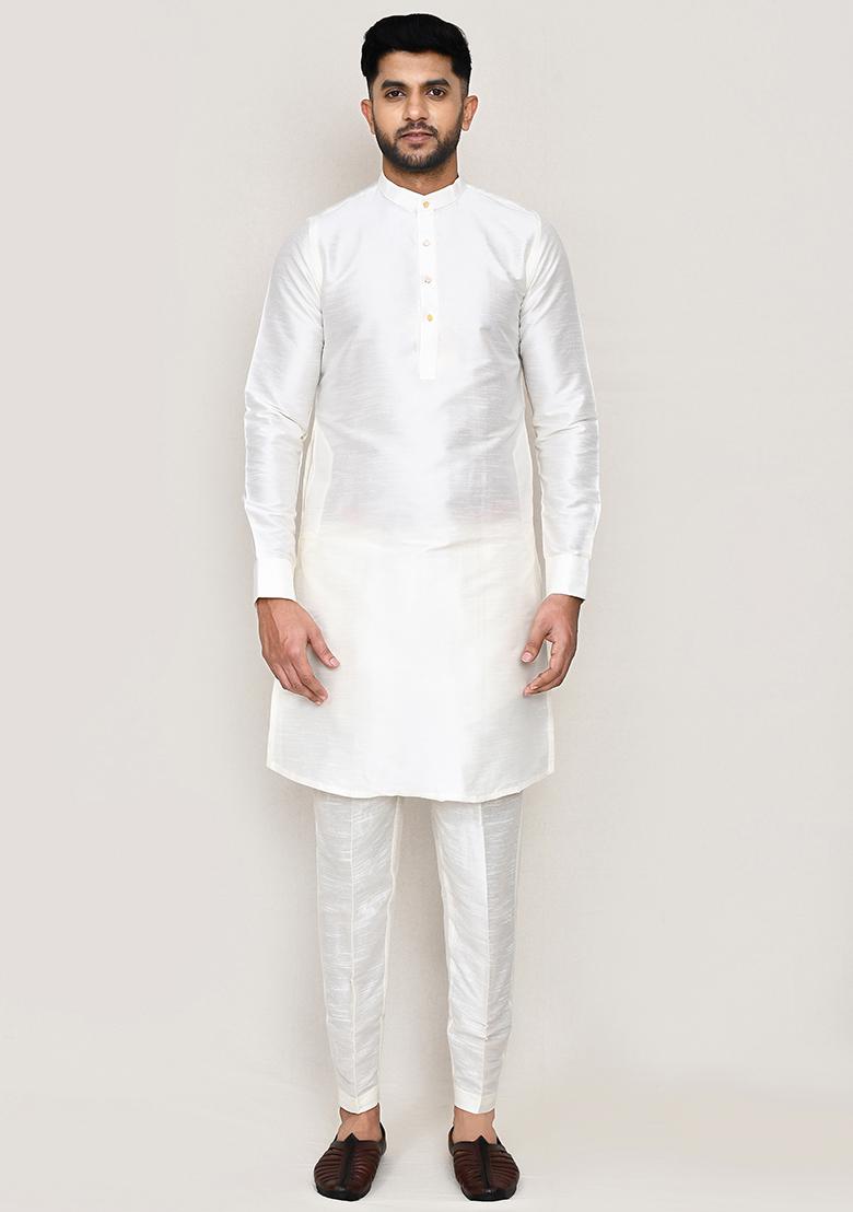 White Seqqunce Work Art Silk Nehru Jacket Set For Men