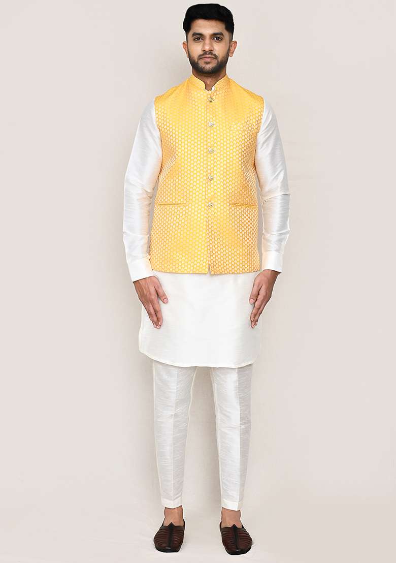 White Jacquard Art Silk Nehru Jacket Set For Men - Indya