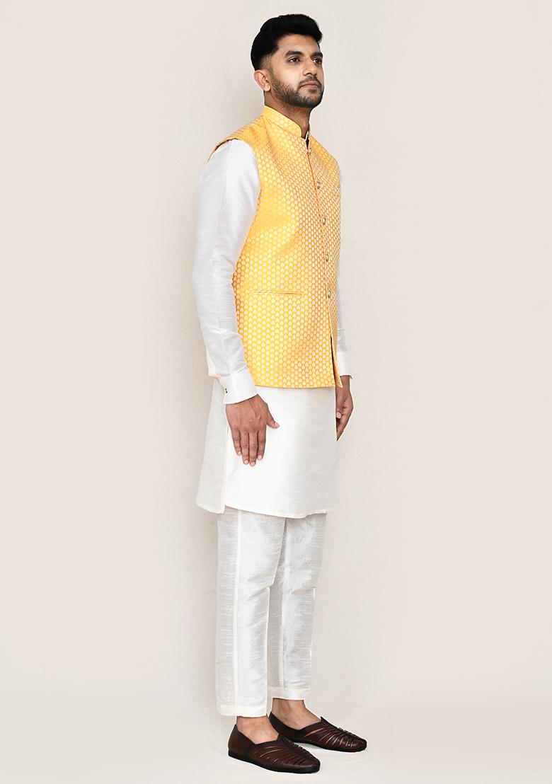 White Jacquard Art Silk Nehru Jacket Set For Men