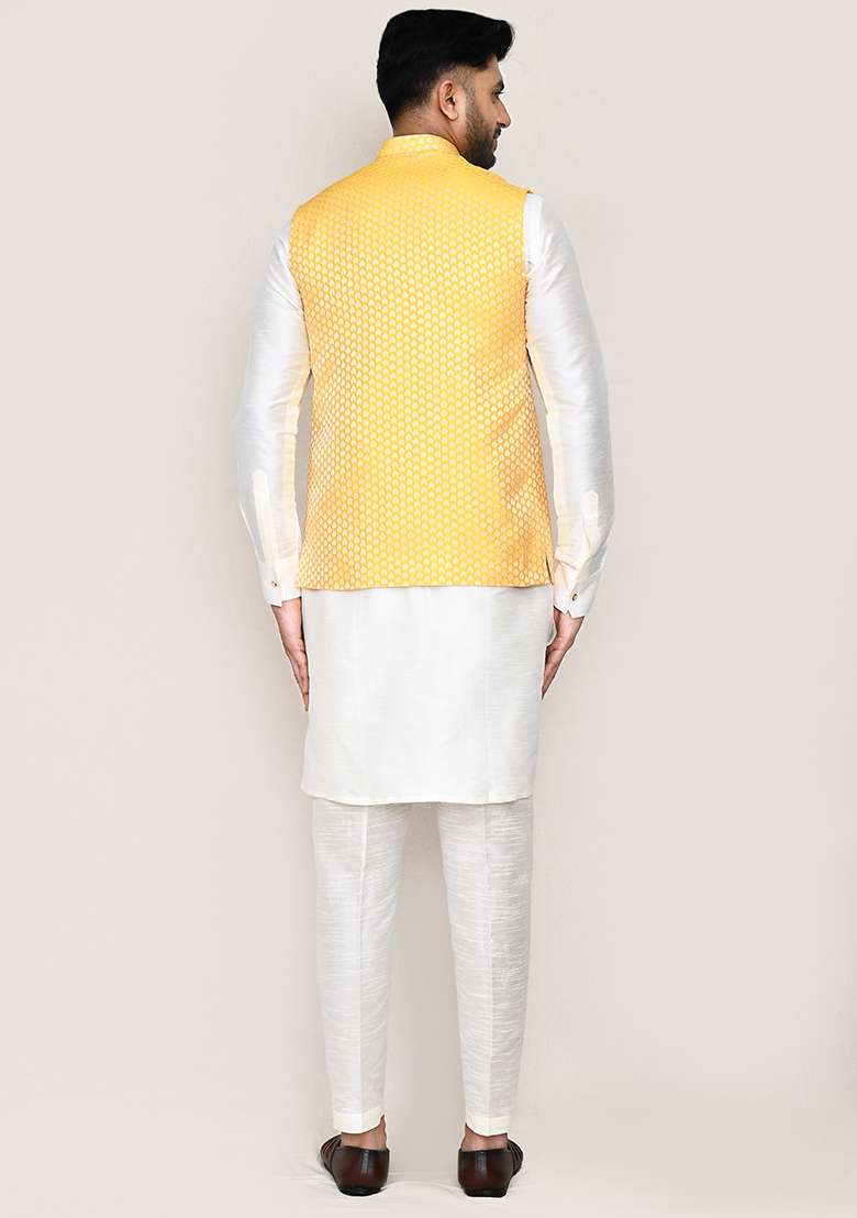 White Jacquard Art Silk Nehru Jacket Set For Men - Indya