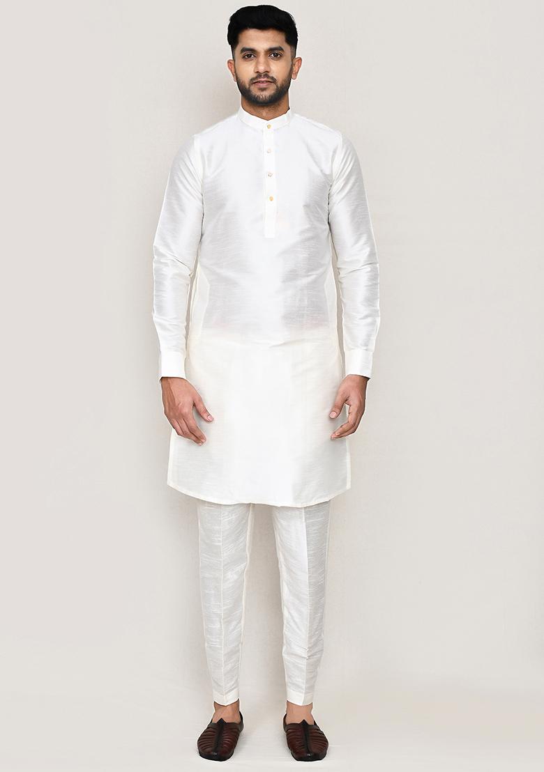 White Jacquard Art Silk Nehru Jacket Set For Men