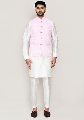 White Thread Work Art Silk Nehru Jacket Set For Men