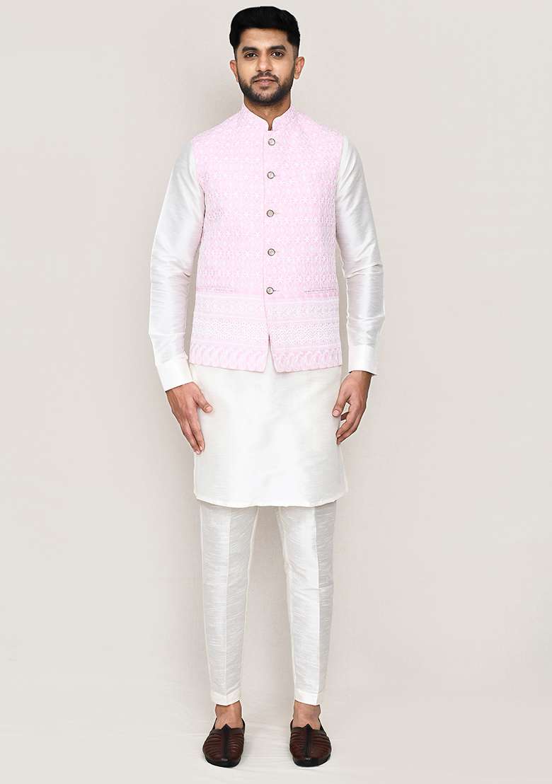 White Thread Work Art Silk Nehru Jacket Set For Men - Indya