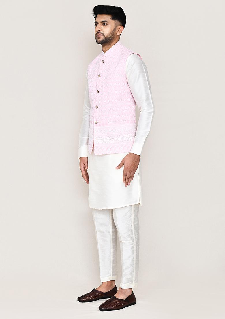 White Thread Work Art Silk Nehru Jacket Set For Men