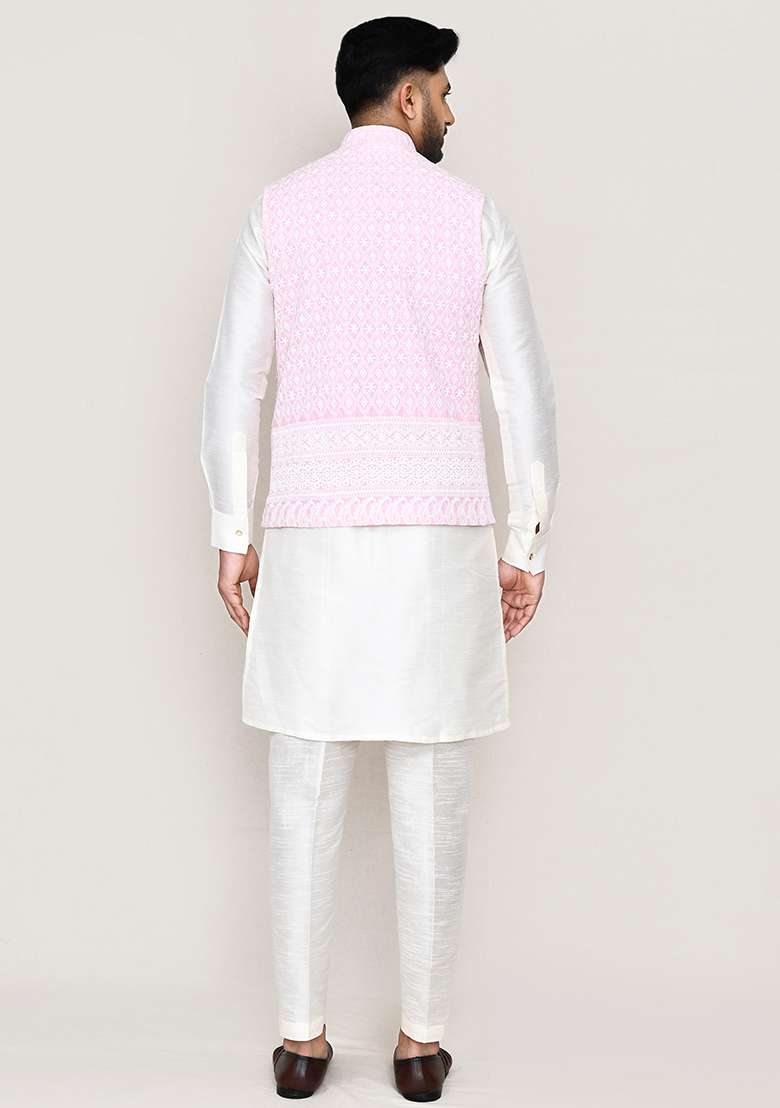 White Thread Work Art Silk Nehru Jacket Set For Men - Indya