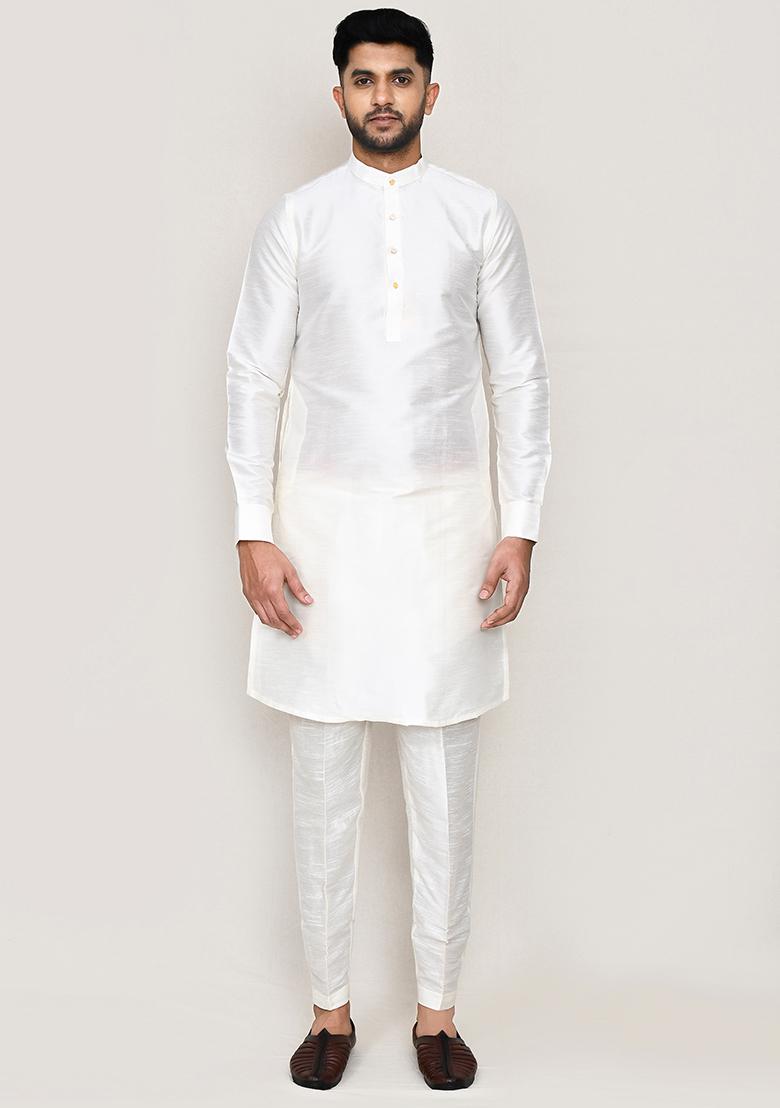 White Thread Work Art Silk Nehru Jacket Set For Men