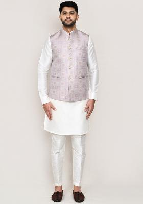 White Jacquard Art Silk Nehru Jacket Set For Men