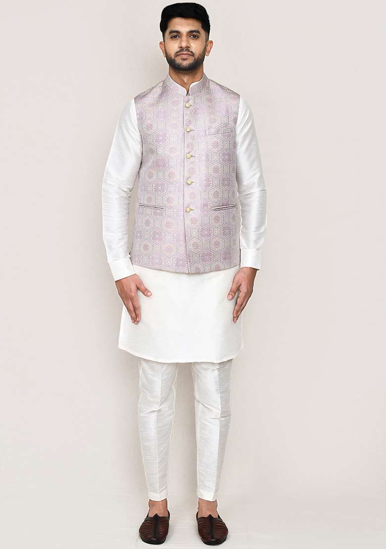 White Jacquard Art Silk Nehru Jacket Set For Men - Indya