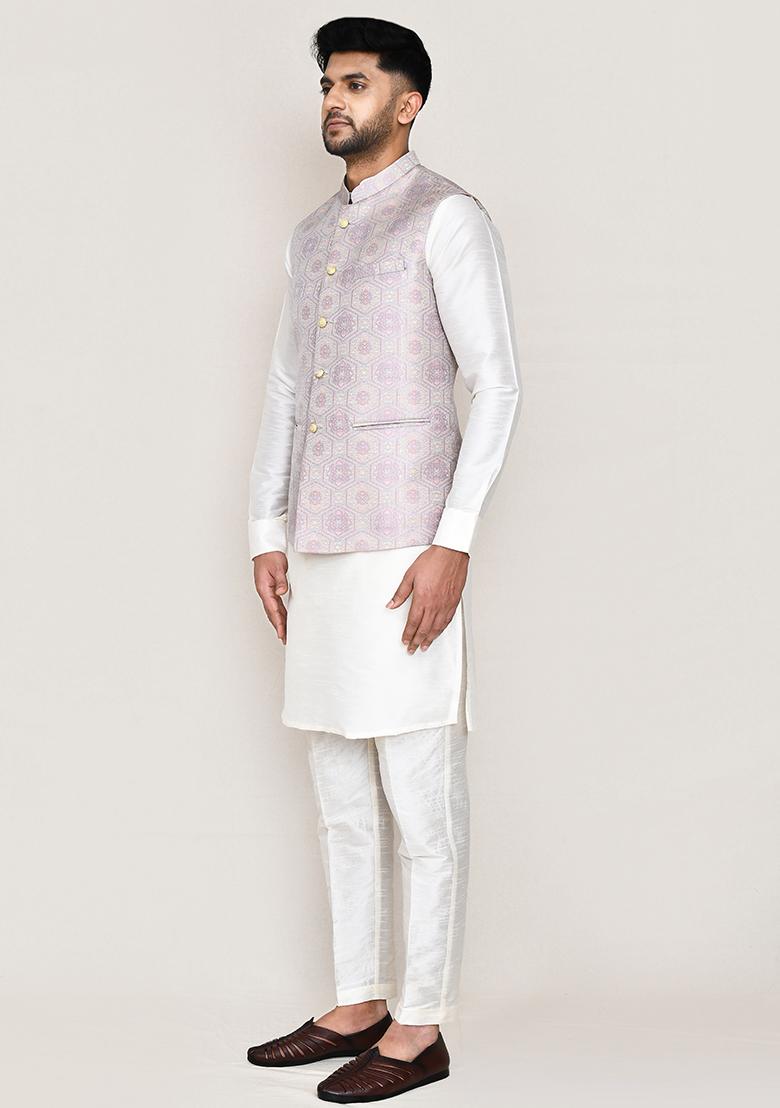 White Jacquard Art Silk Nehru Jacket Set For Men