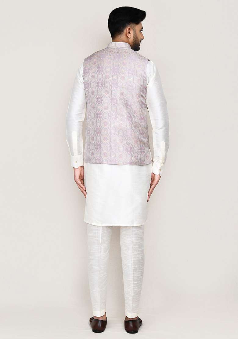 White Jacquard Art Silk Nehru Jacket Set For Men - Indya