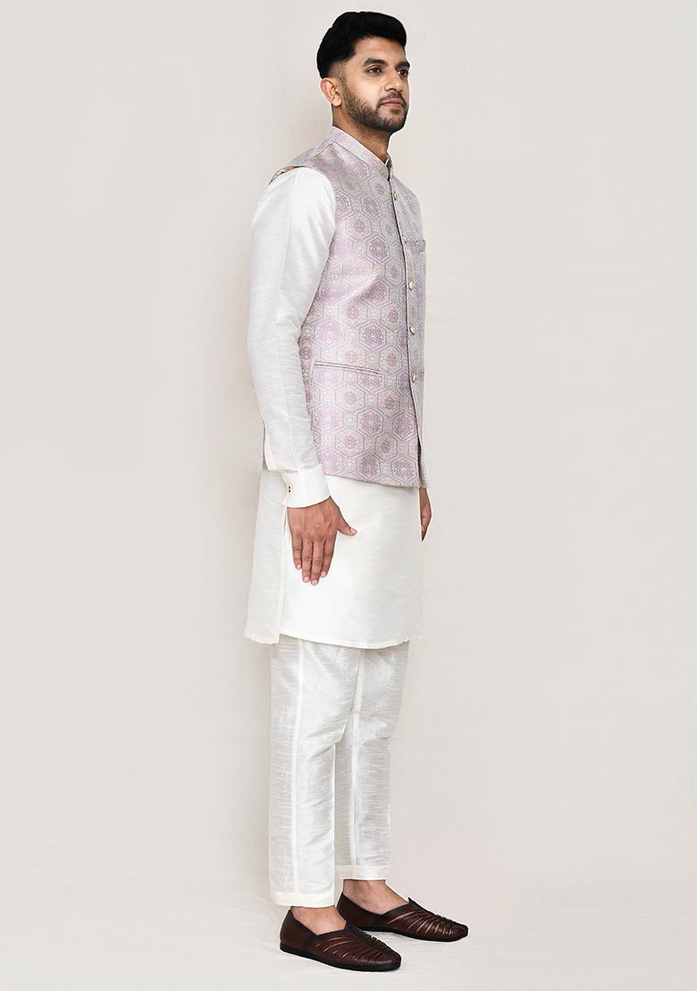 White Jacquard Art Silk Nehru Jacket Set For Men