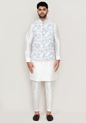 White Thread Work Art Silk Nehru Jacket Set For Men
