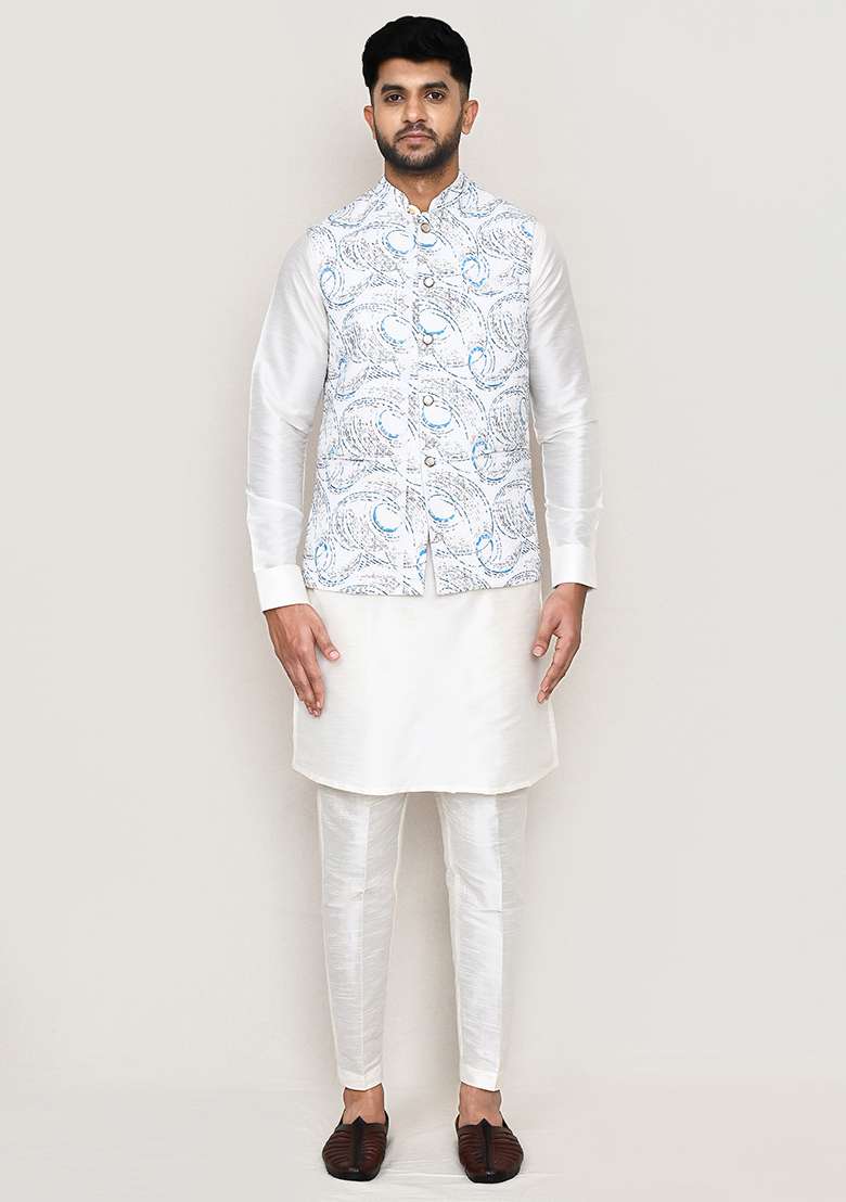 White Thread Work Art Silk Nehru Jacket Set For Men - Indya