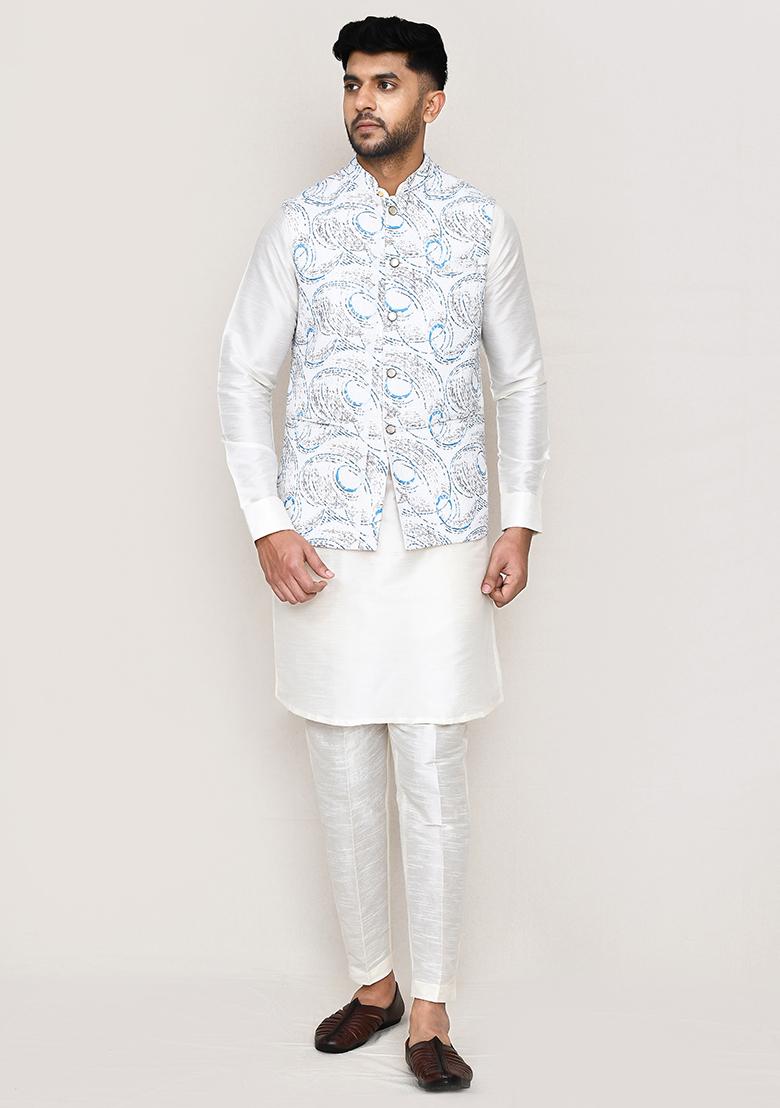 White Thread Work Art Silk Nehru Jacket Set For Men
