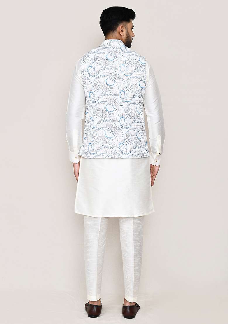 White Thread Work Art Silk Nehru Jacket Set For Men - Indya