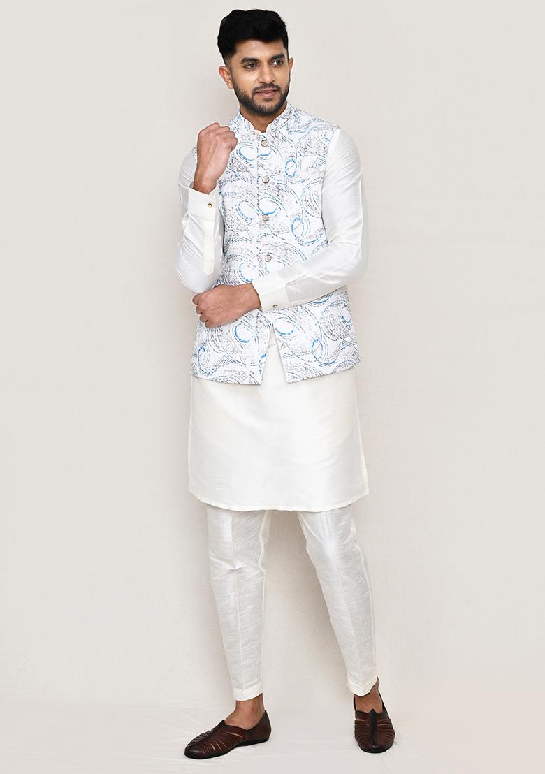 White Thread Work Art Silk Nehru Jacket Set For Men