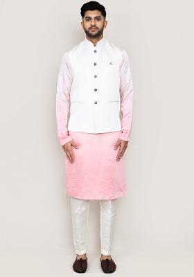 White Plain  Art Silk Nehru Jacket Set For Men