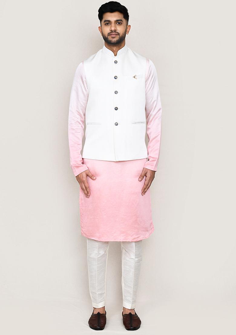 White Plain  Art Silk Nehru Jacket Set For Men