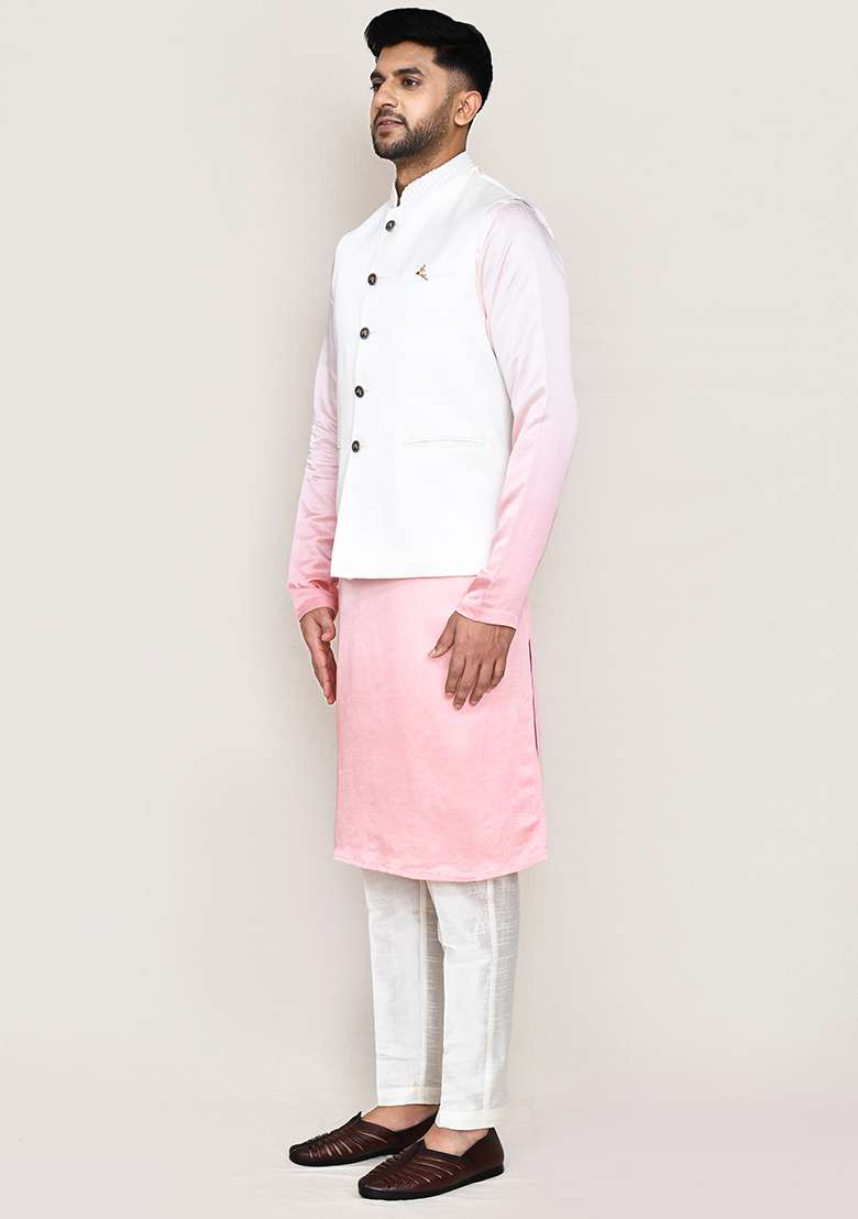 White Plain  Art Silk Nehru Jacket Set For Men - Indya