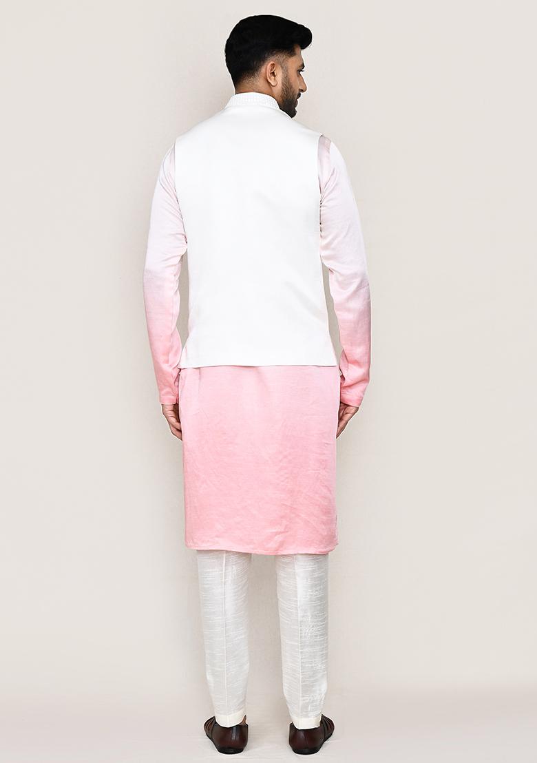 White Plain  Art Silk Nehru Jacket Set For Men