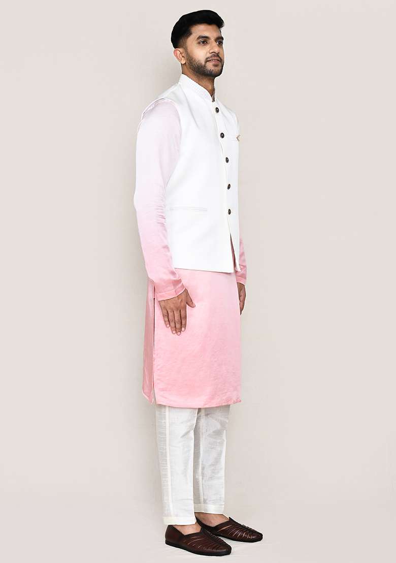 White Plain  Art Silk Nehru Jacket Set For Men - Indya