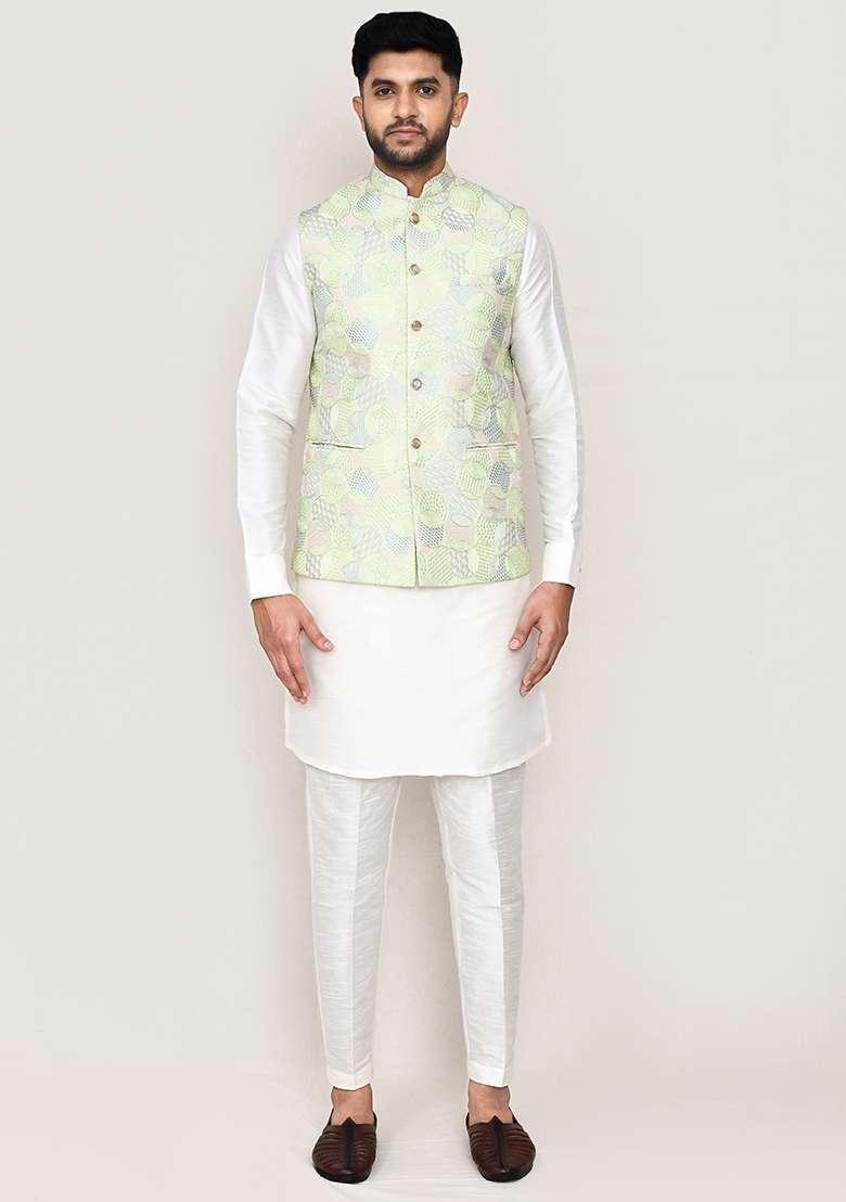 White Embroidered Art Silk Nehru Jacket Set For Men - Indya
