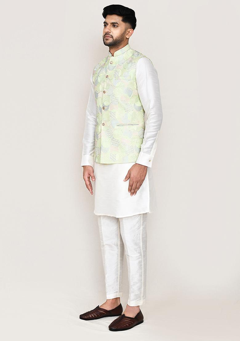 White Embroidered Art Silk Nehru Jacket Set For Men