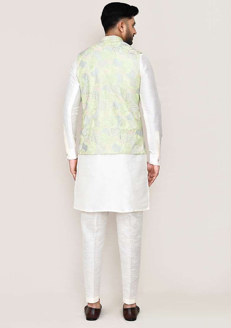 White Embroidered Art Silk Nehru Jacket Set For Men - Indya