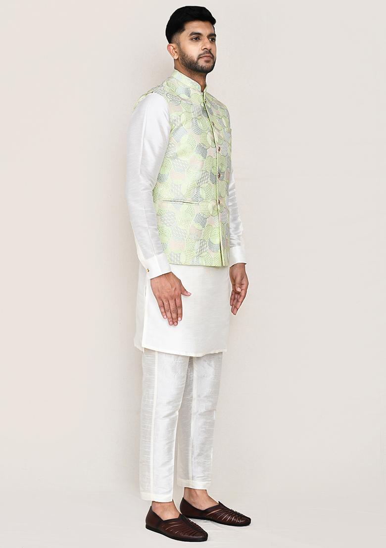 White Embroidered Art Silk Nehru Jacket Set For Men