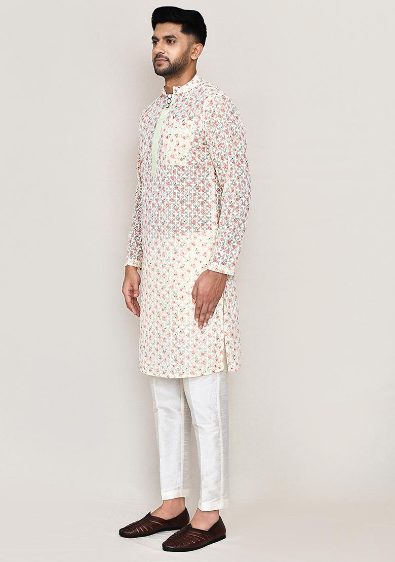 Pista Green Thread Work Georgette Kurta Set For Men