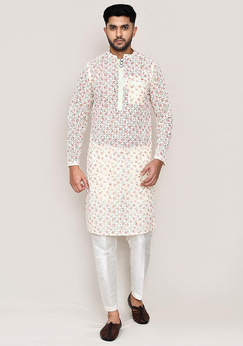 Pista Green Thread Work Georgette Kurta Set For Men