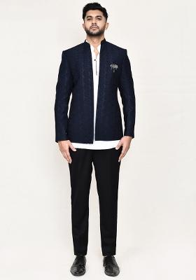 White Jacquard Jacquard Silk Nehru Jacket Set For Men