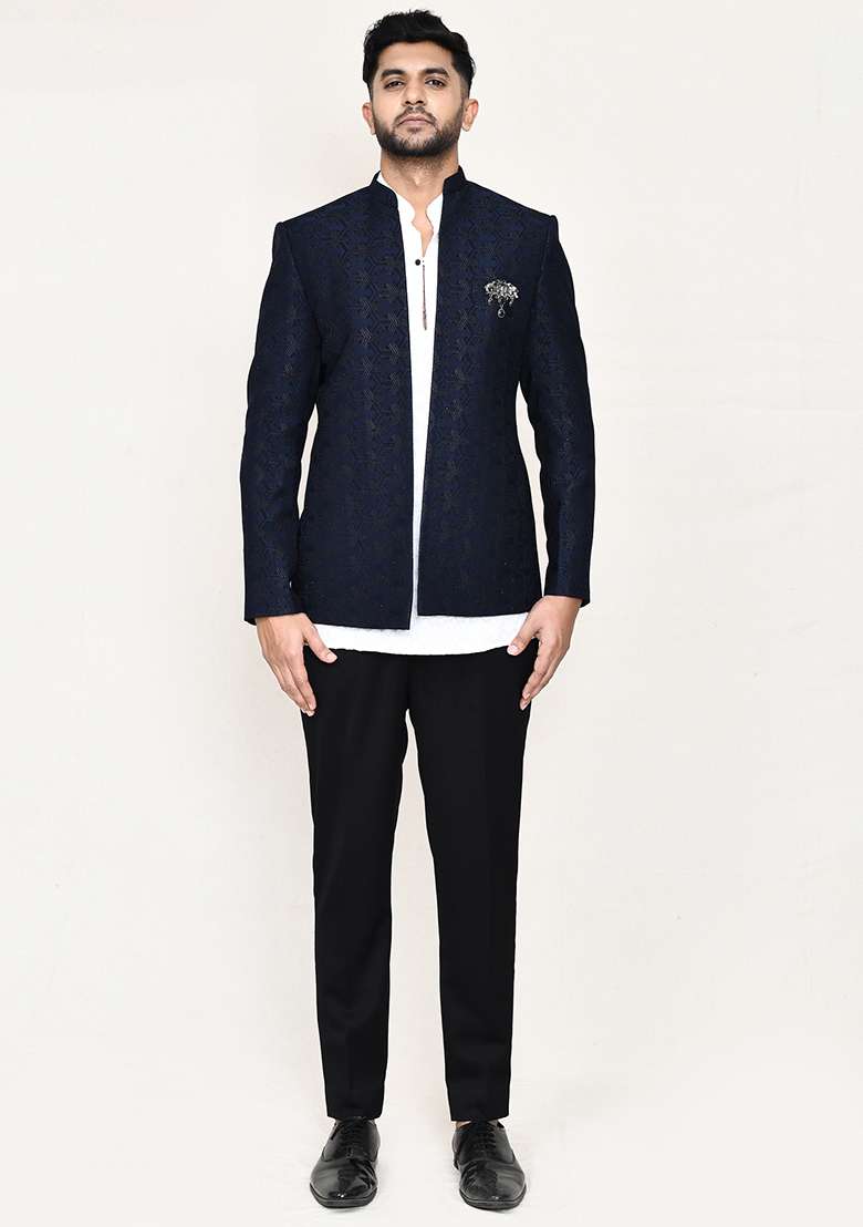 White Jacquard Jacquard Silk Nehru Jacket Set For Men - Indya