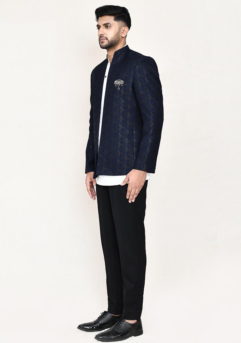 White Jacquard Jacquard Silk Nehru Jacket Set For Men
