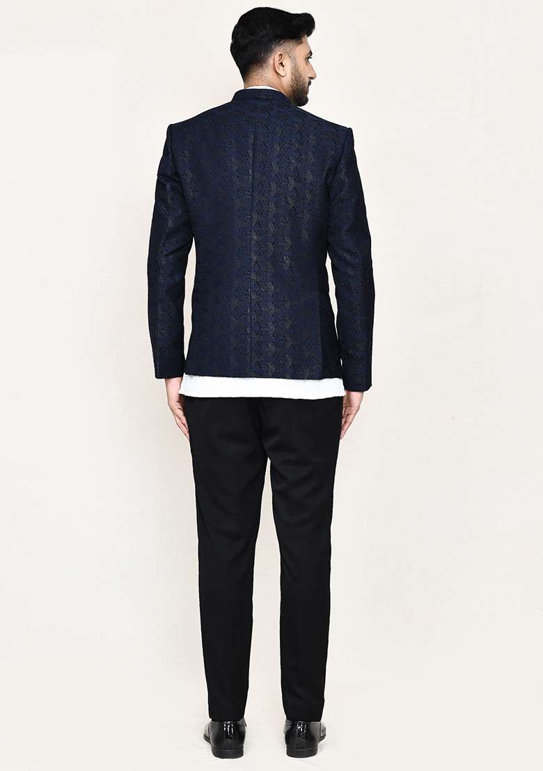 White Jacquard Jacquard Silk Nehru Jacket Set For Men - Indya