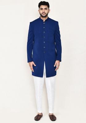 Blue  Jacquard Jacquard Silk Indowestern Sherwani Set For Men