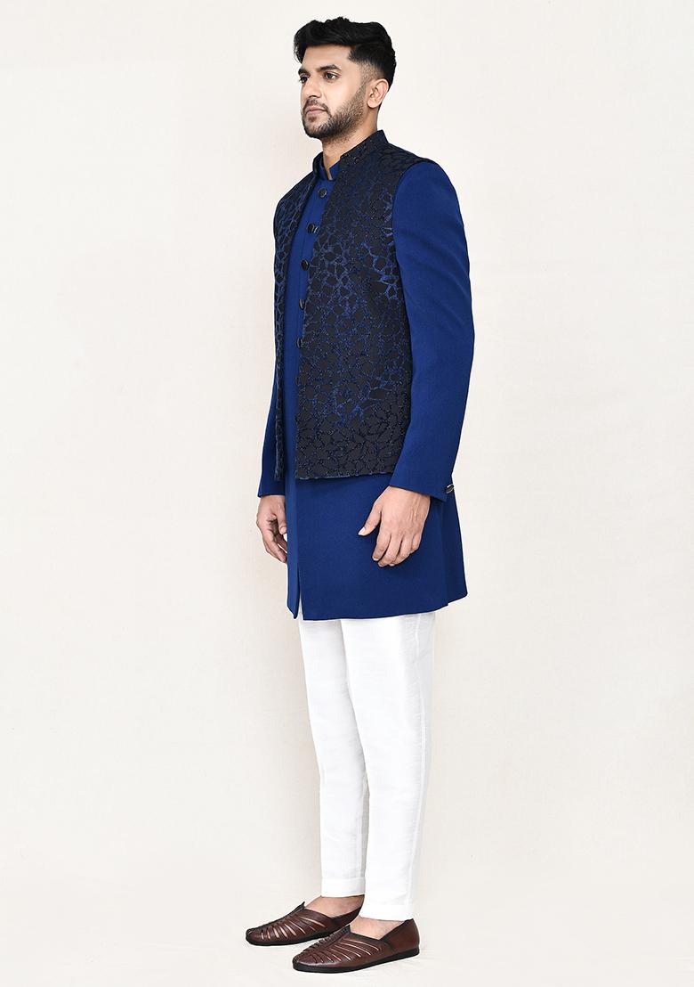 Blue  Jacquard Jacquard Silk Indowestern Sherwani Set For Men