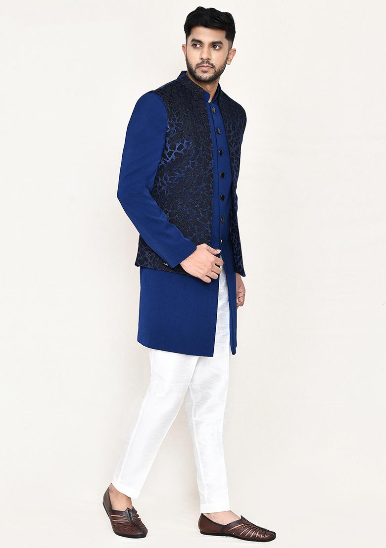 Blue  Jacquard Jacquard Silk Indowestern Sherwani Set For Men