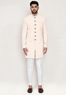 Cream Embroidered Rayon Indowestern Sherwani Set For Men