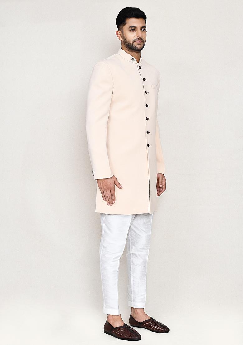 Cream Embroidered Rayon Indowestern Sherwani Set For Men