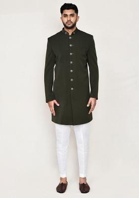 Cream Embroidered Rayon Indowestern Sherwani Set For Men